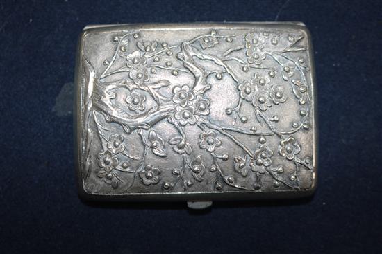 Two silver cigarette cases and a Chinese white metal cigarette case decorated with dragons and prunus, gross weight 8.8 oz.